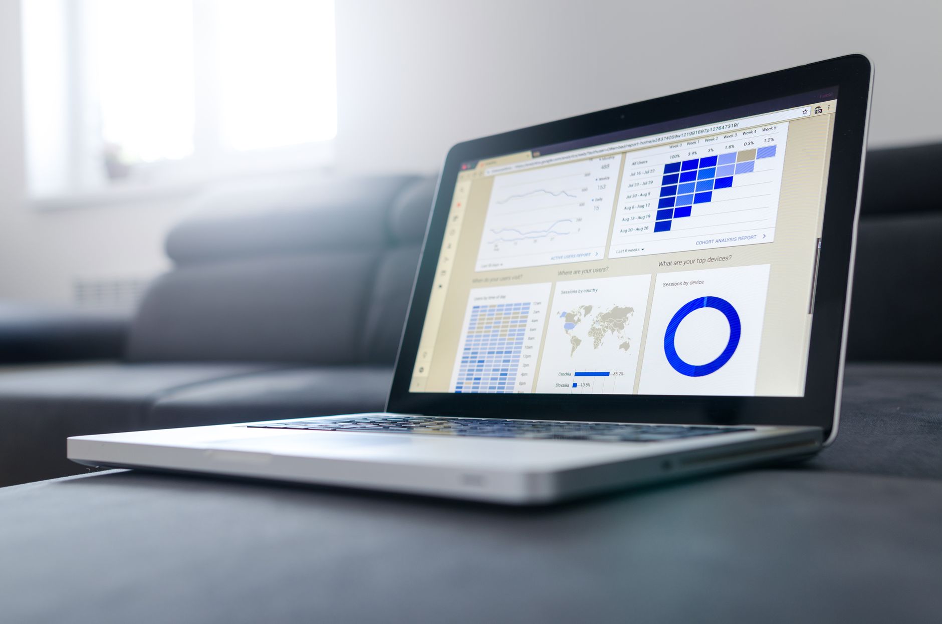 Laptop showing data analytics and graphs on screen
